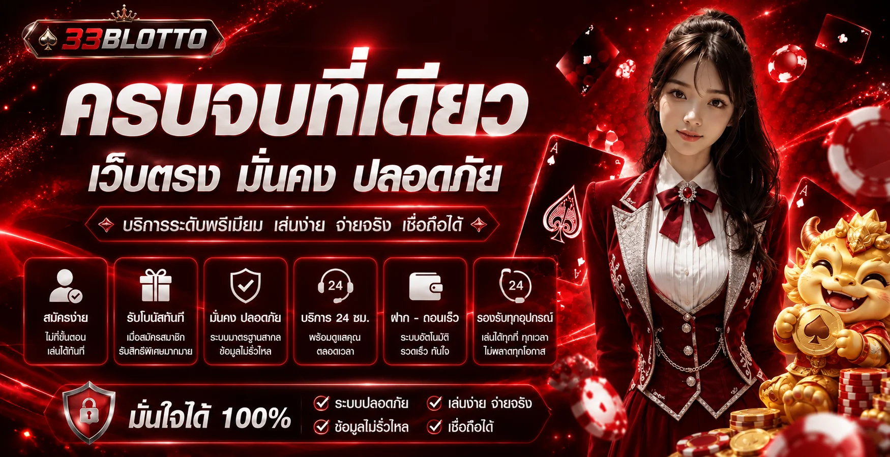 แบนเนอร์ 33BLOTTO ทางเข้าเว็บตรงโทนแดงดำ